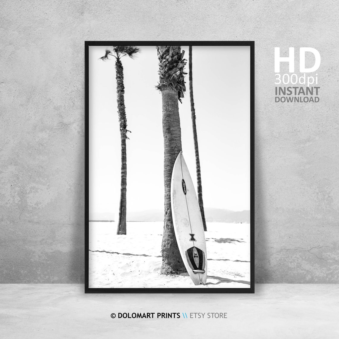 Black And White Surfboard Palm Trees Tropical Beach Photography Poster - Image 4