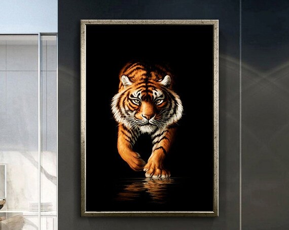 Tiger Emerging Darkness Prowling Realistic Black Background Poster