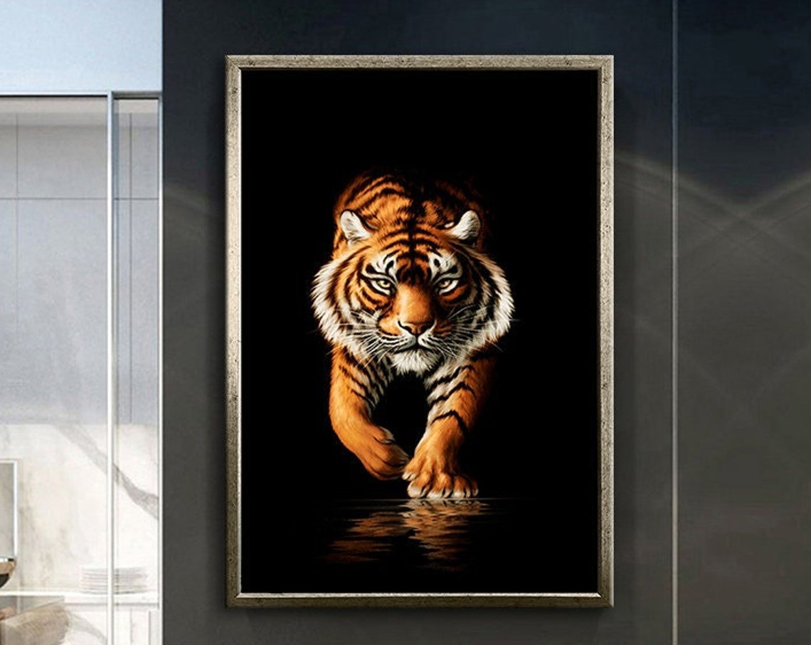 Tiger Emerging Darkness Prowling Realistic Black Background Poster