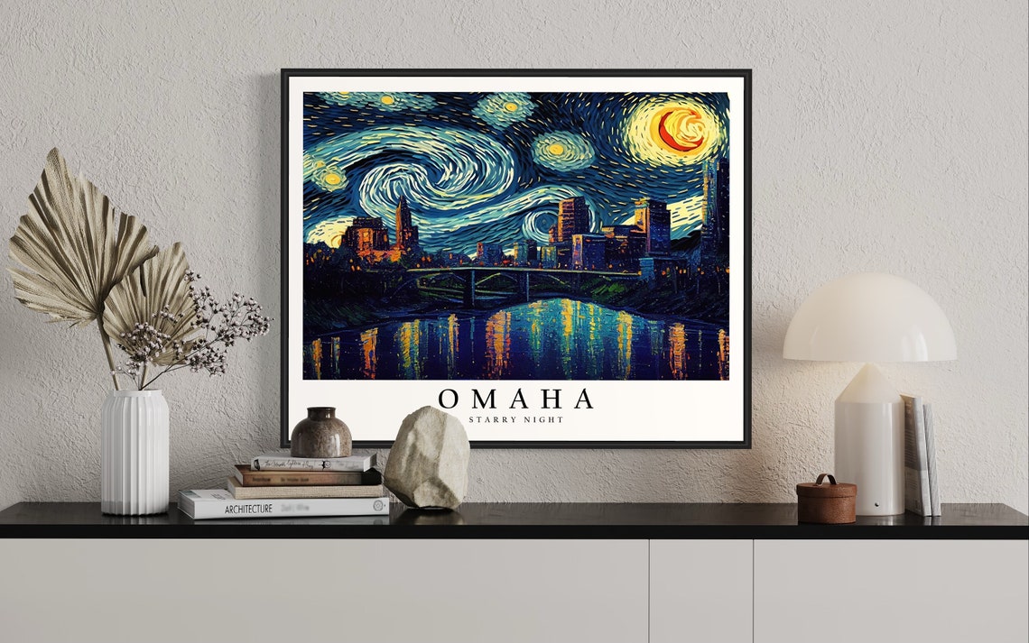 Omaha Starry Night Skyline River Bridge Van Gogh City Poster - Image 2