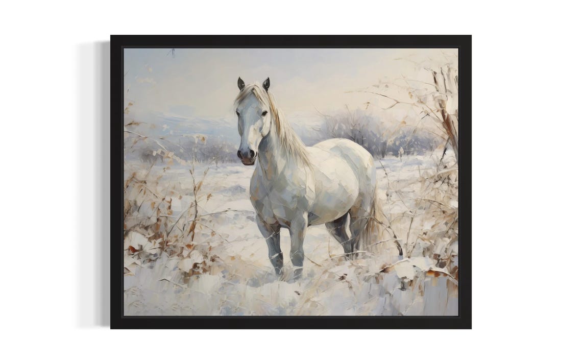 White Horse Standing in Snowy Winter Landscape Painting Poster