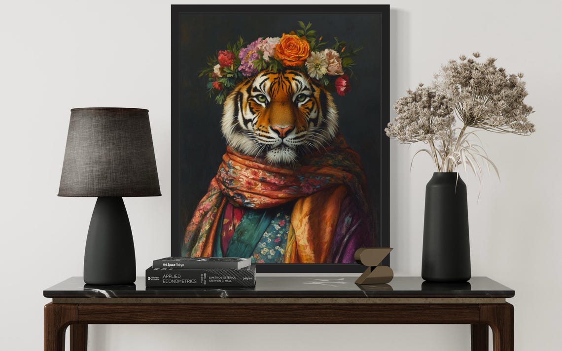 Siberian Tiger in Flower Crown and Embroidered Scarf Portrait Poster - Image 3