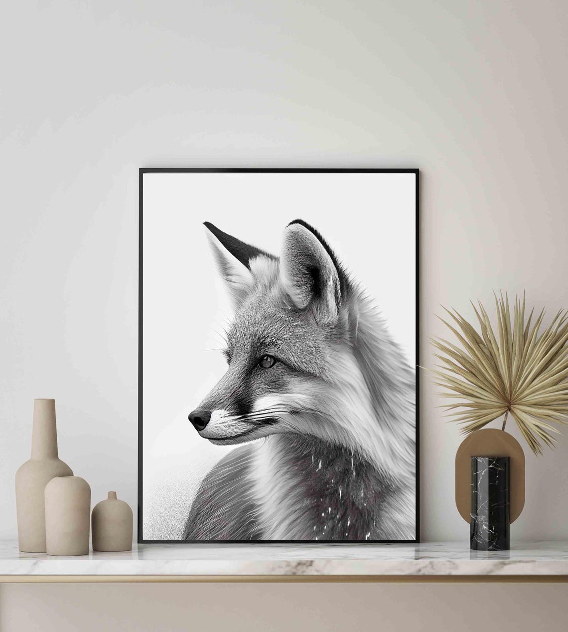 Fox Black and White Side Profile Woodland Animal Portrait Poster - Image 4
