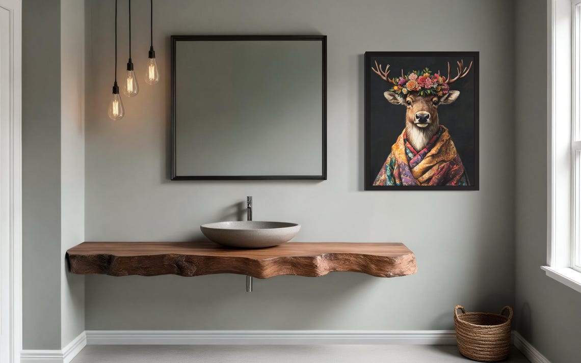 Deer with Antlers Wearing Flower Crown and Floral Kimono Poster - Image 2