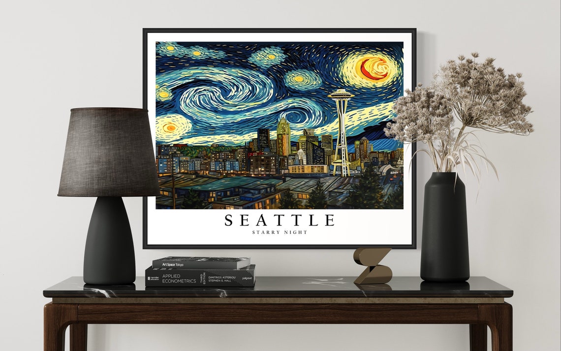 Seattle Space Needle Skyline Van Gogh Starry Night City Poster - Image 3