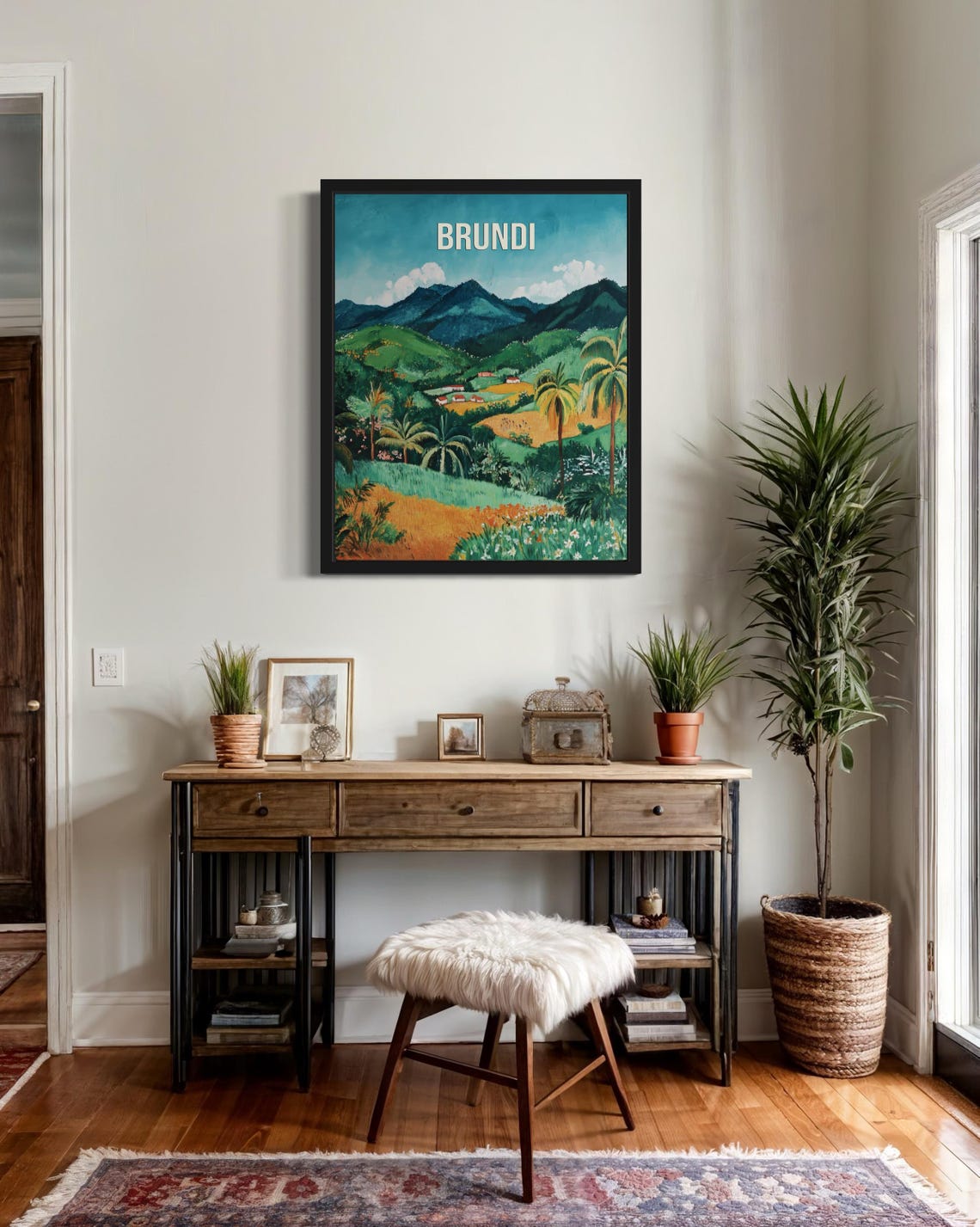 Brundi Palm Dotted Mountains Lush Valley Naive Folk Art Travel Poster - Image 2