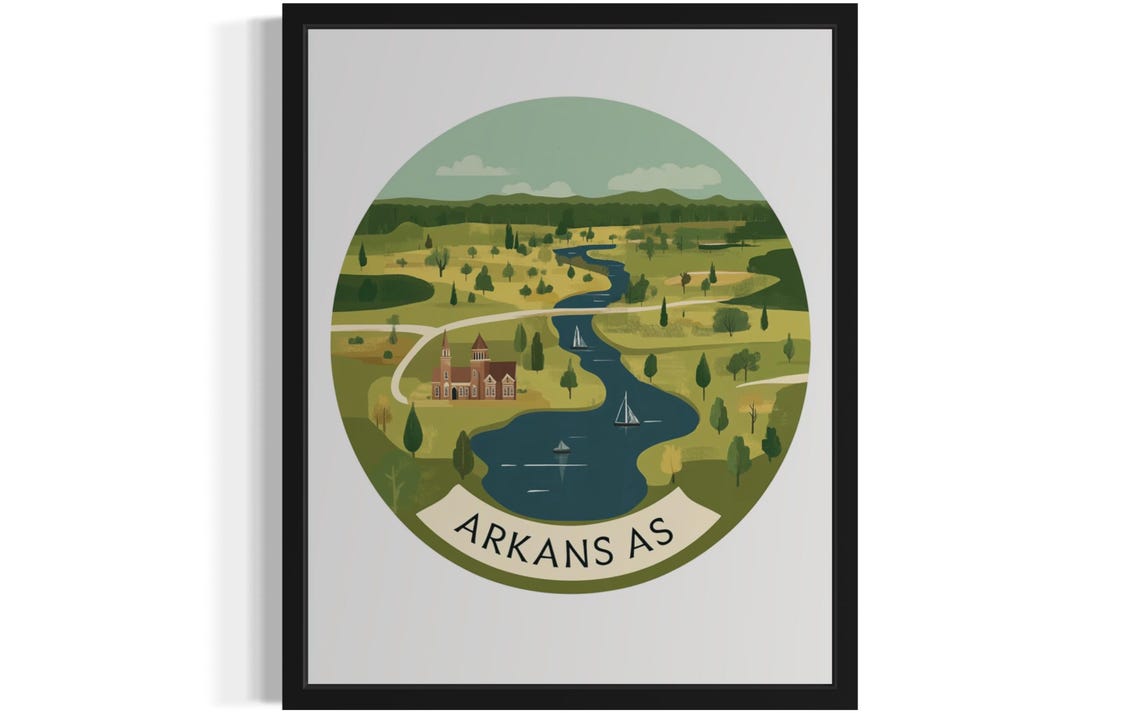 Arkansas Winding River Valley Red Church Sailing Scene Poster