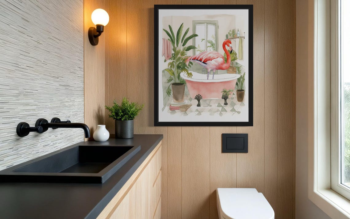 Flamingo Standing in a Pink Clawfoot Tub Watercolor Bathroom Poster - Image 4