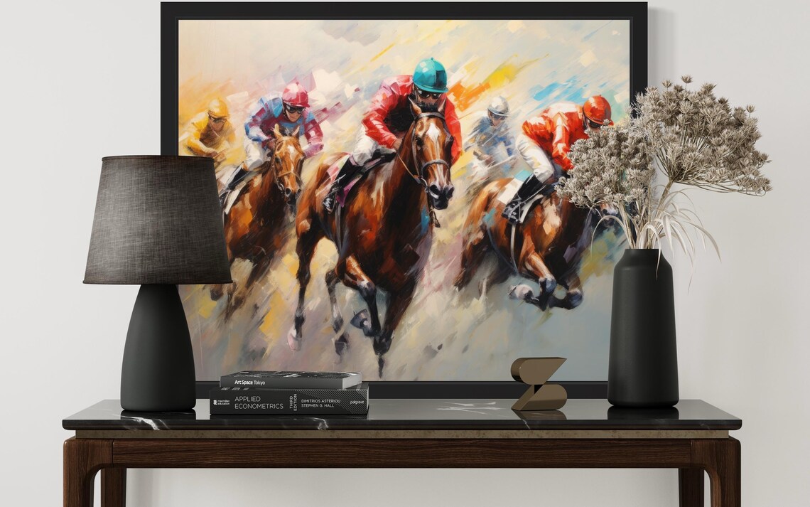 Horse Race Jockeys Galloping in Colorful Oil Painting Poster - Image 3