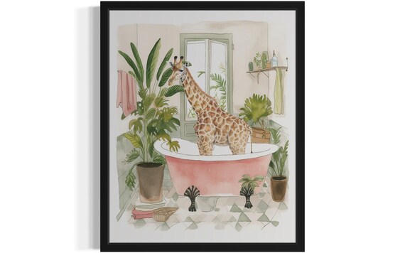 Giraffe Standing in a Pink Clawfoot Tub Watercolor Bathroom Poster