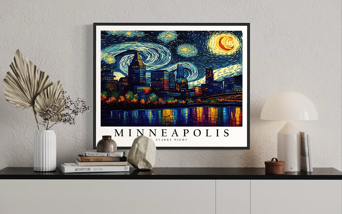 Minneapolis Minnesota Starry Night River Skyline Night Lights Art Poster - Image 2
