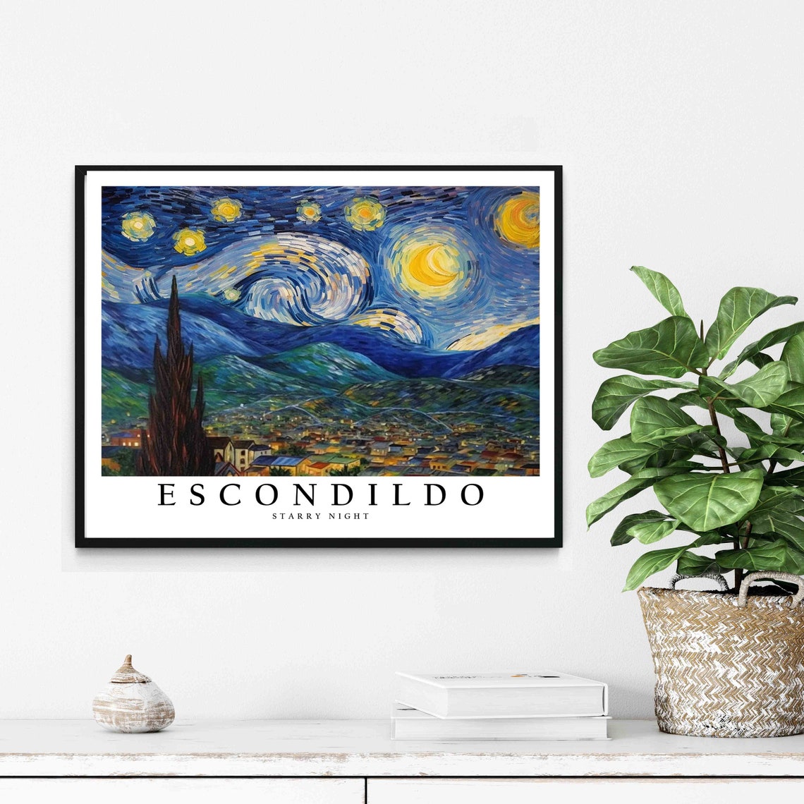 Escondildo Starry Night City Hills Tall Cypress Tree View Poster - Image 2