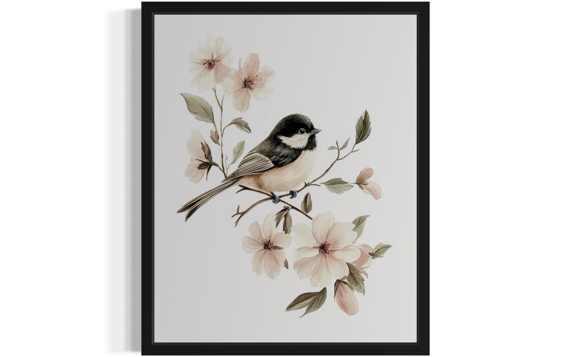 Black Capped Chickadee On Cherry Blossom Watercolor Bird Poster