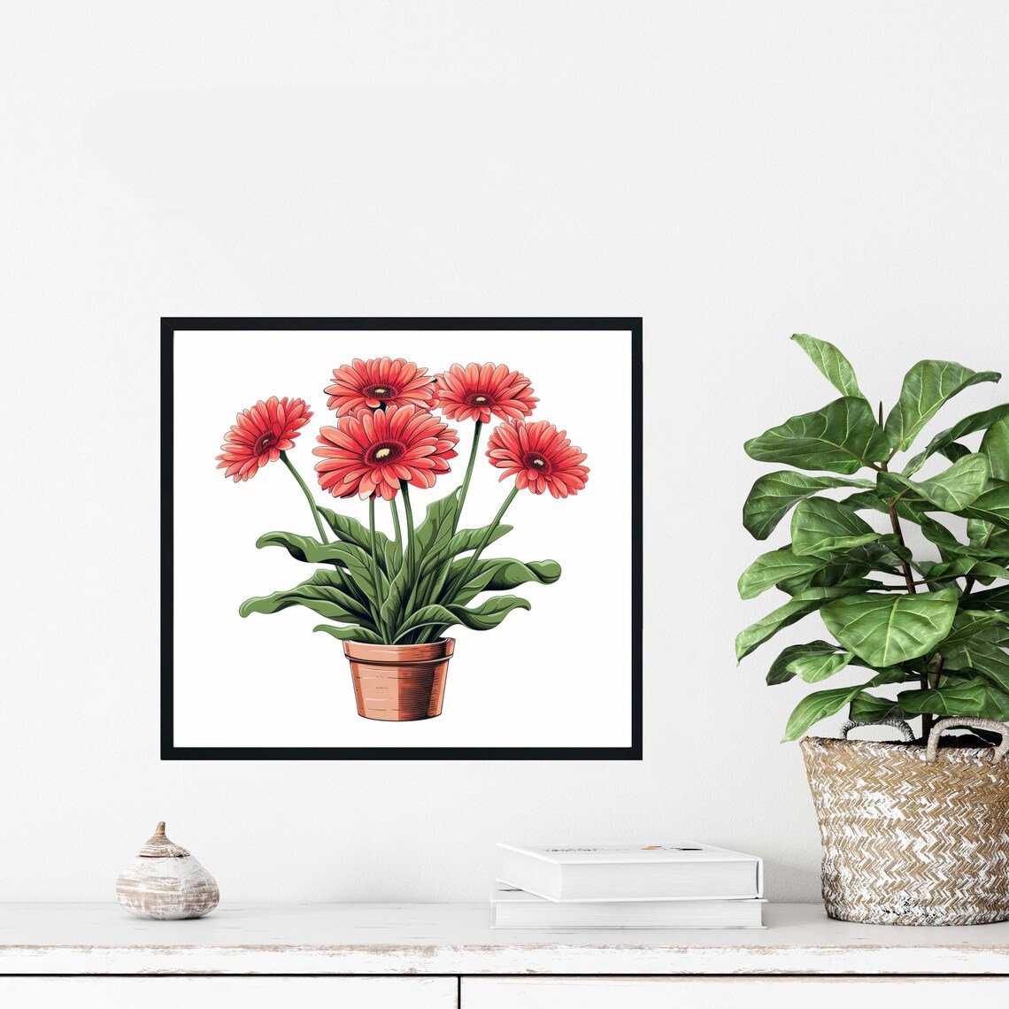 Gerbera Daisy Plant Coral Red Blooms Terracotta Pot Art Poster - Image 4