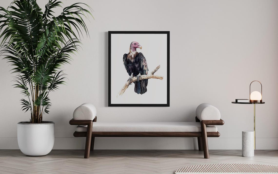 Red-Headed Vulture Watercolor Bird of Prey Perched on Branch Art Print - Image 4