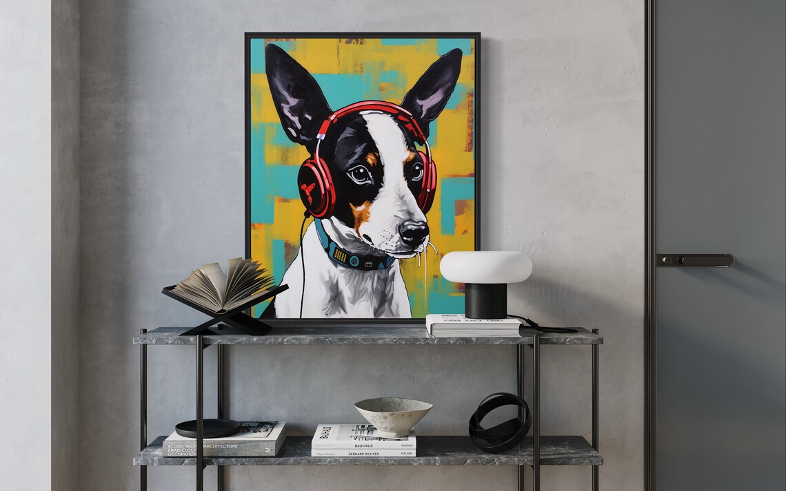 Rat Terrier Dog Wearing Red Headphones Color Pop Music Art Poster - Image 2