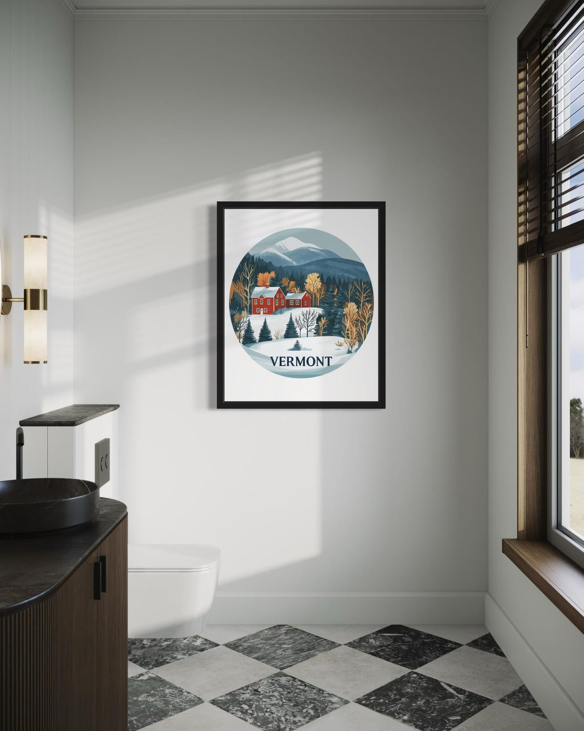 Vermont Snowy Red Farmhouse Circular Winter Poster Home Decor Gift - Image 4