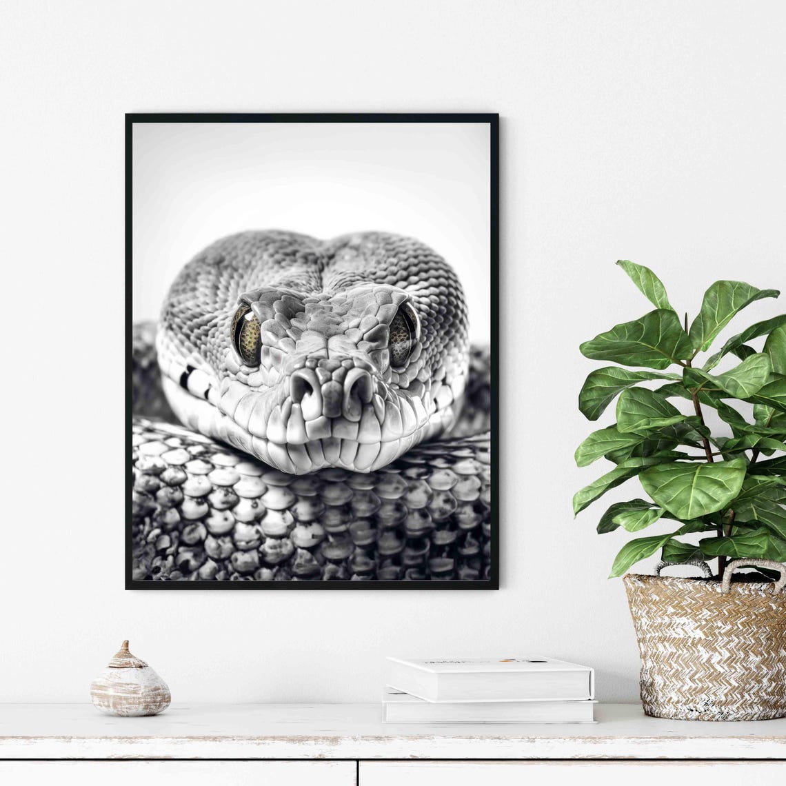 Python Snake Black and White Reptile Close Up Portrait Poster - Image 3