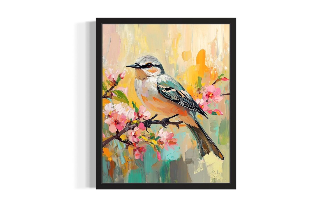 Northern Mockingbird On Blossoming Branch Spring Bird Painting Poster