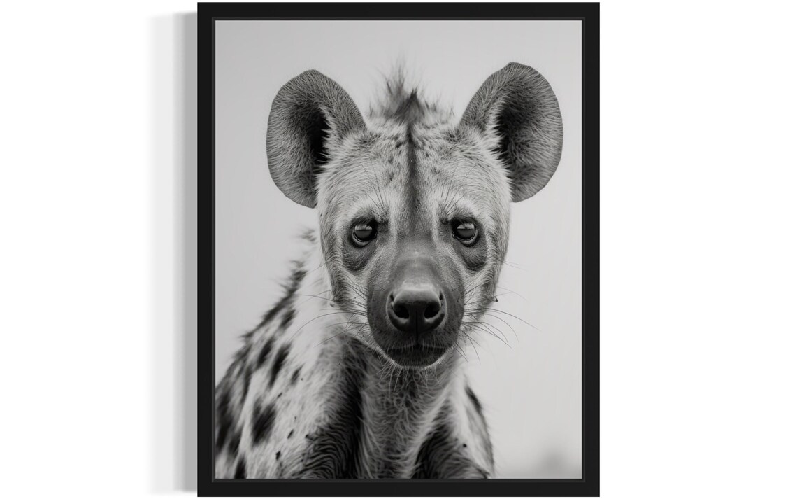 Spotted Hyena Front Portrait Black and White Wildlife Photo Poster