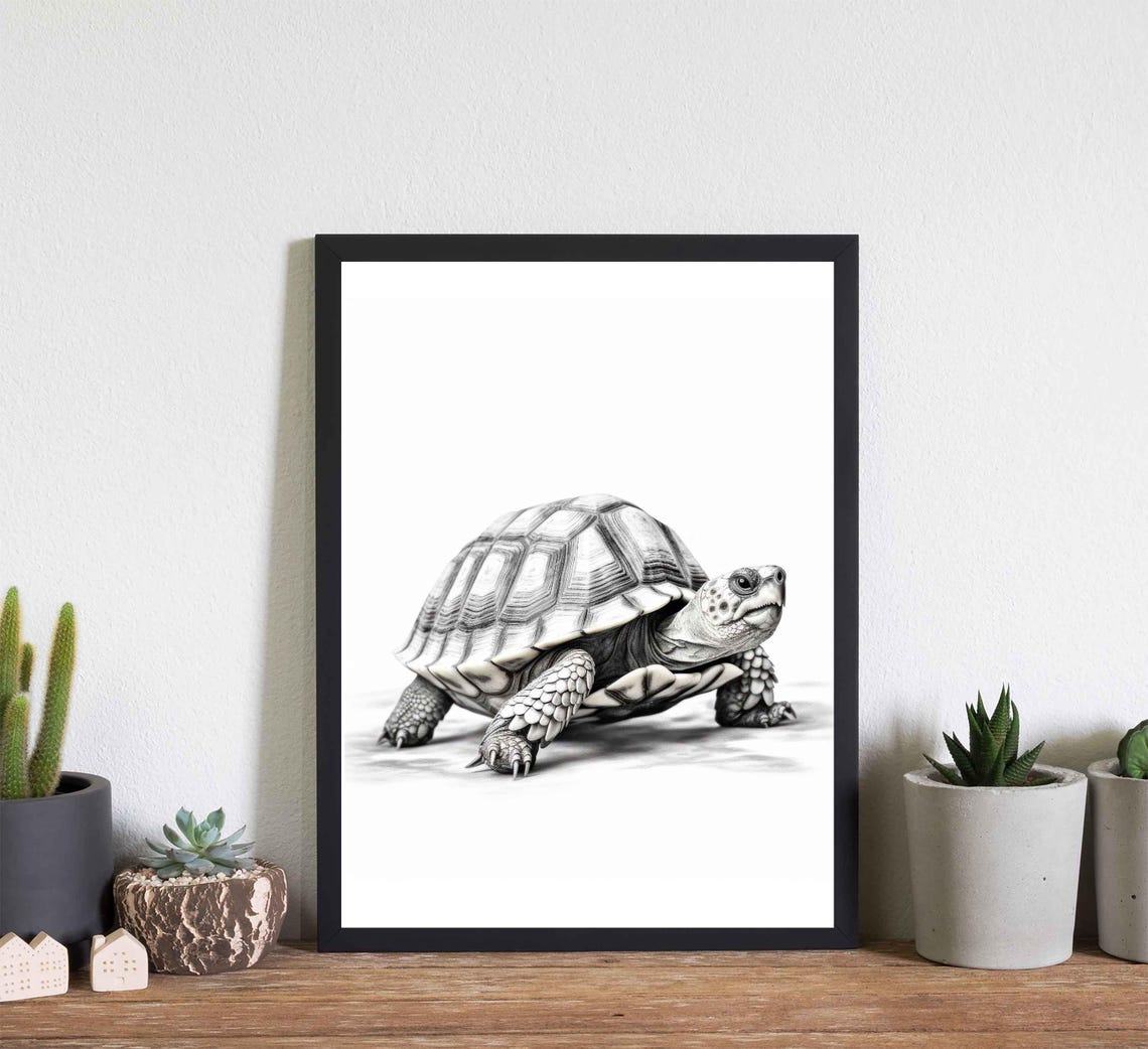 Tortoise Black and White Detailed Reptile Studio Portrait Poster - Image 4