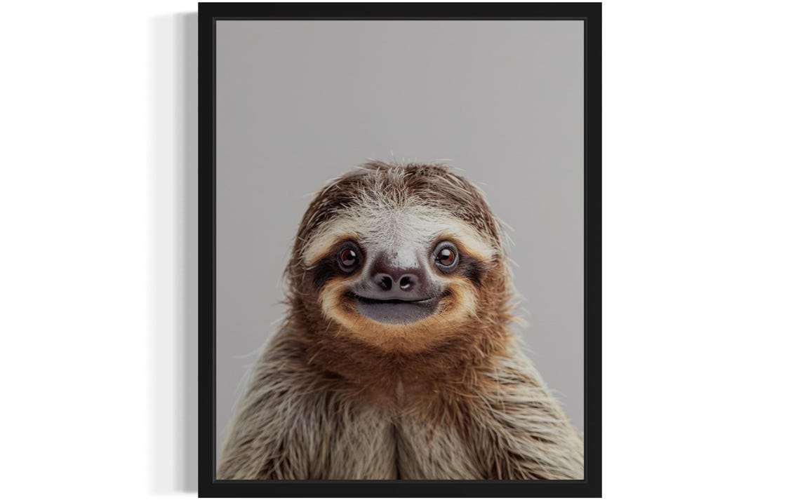 Happy Smiling Sloth Face Close-Up on Gray Background Photo Poster