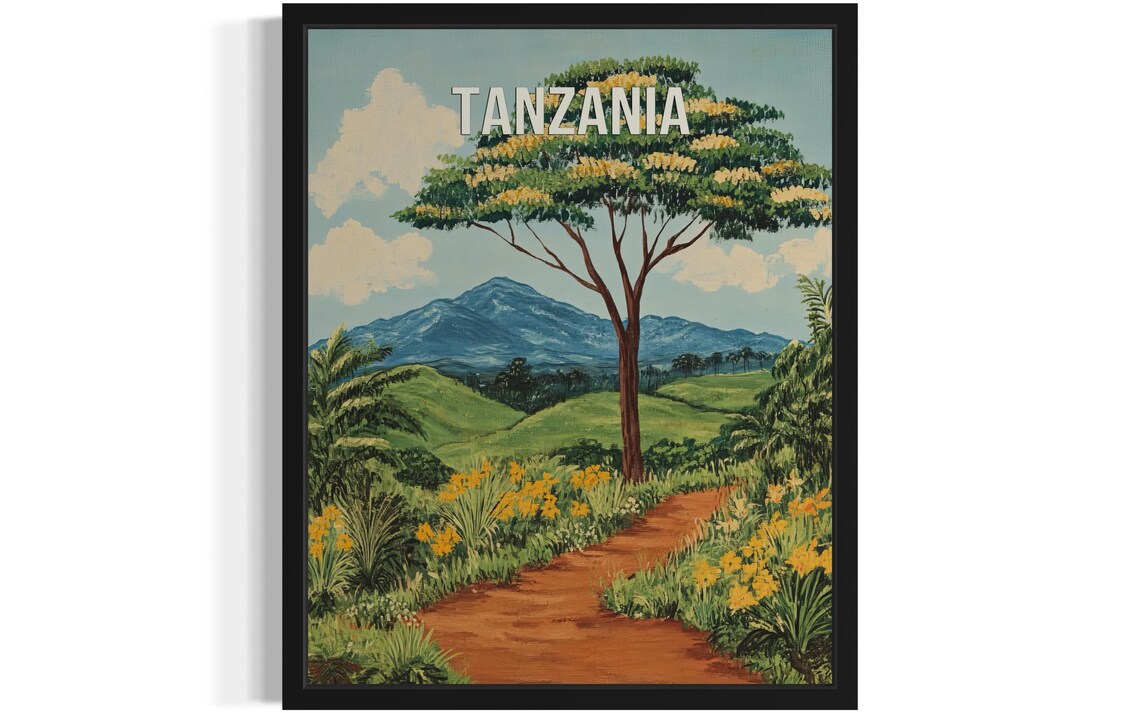 Tanzania Acacia Tree Mountain Vintage Travel Poster Artwork Scene