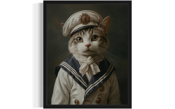 Dapper Cat Sailor Suit Vintage Nautical Portrait Funny Art Poster