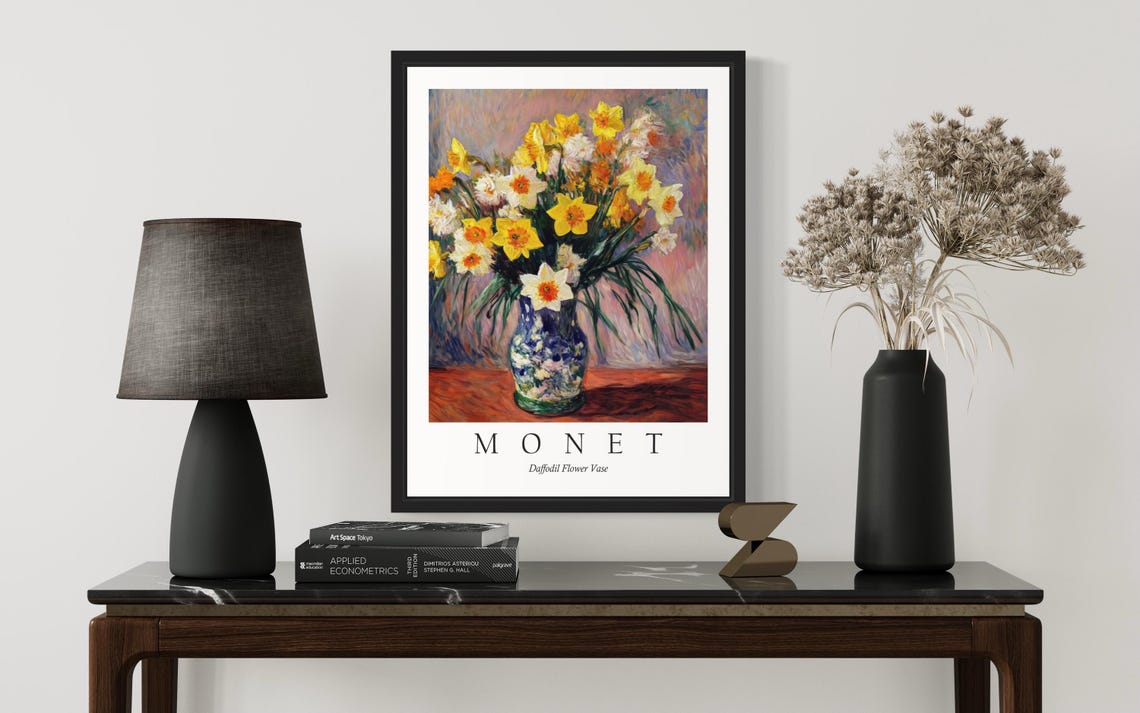 Yellow Daffodil Bouquet in a Blue Vase Monet Style Flower Poster - Image 4