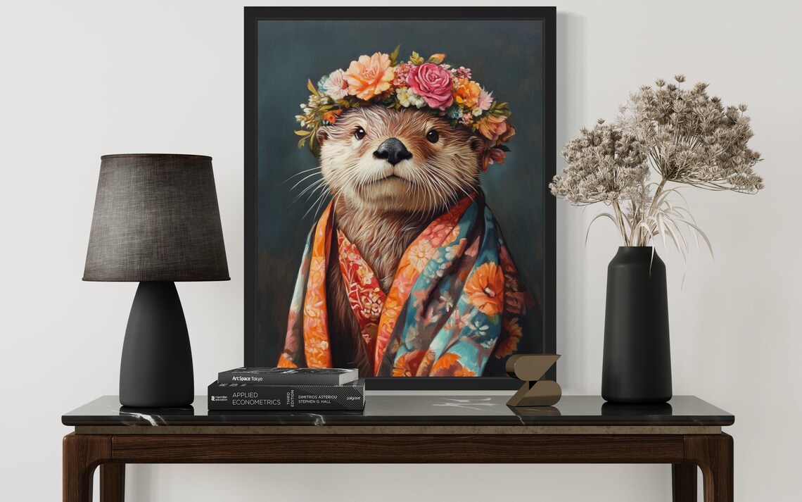 Sea Otter Wearing Flower Crown and Floral Kimono Whimsical Art Poster - Image 4