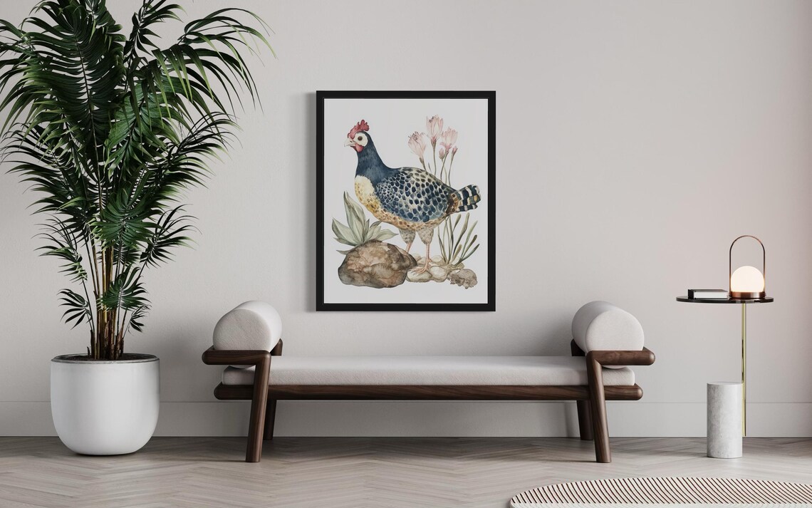 Guinea Fowl on Rocks with Pink Blossoms Watercolor Bird Poster - Image 3