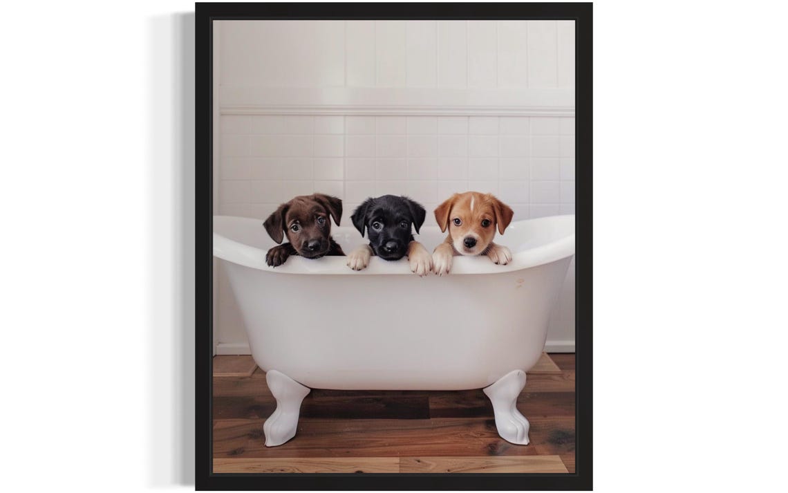 Three Puppies Peeking Over a White Clawfoot Bathtub Photo Poster