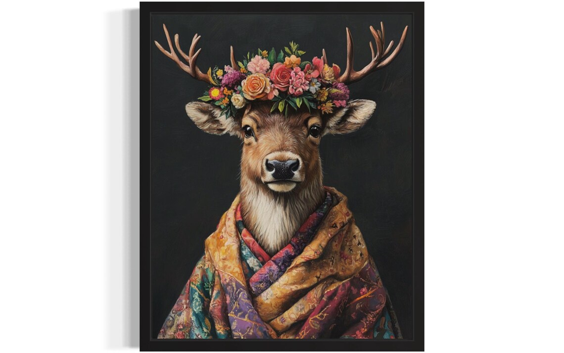 Deer with Antlers Wearing Flower Crown and Floral Kimono Poster