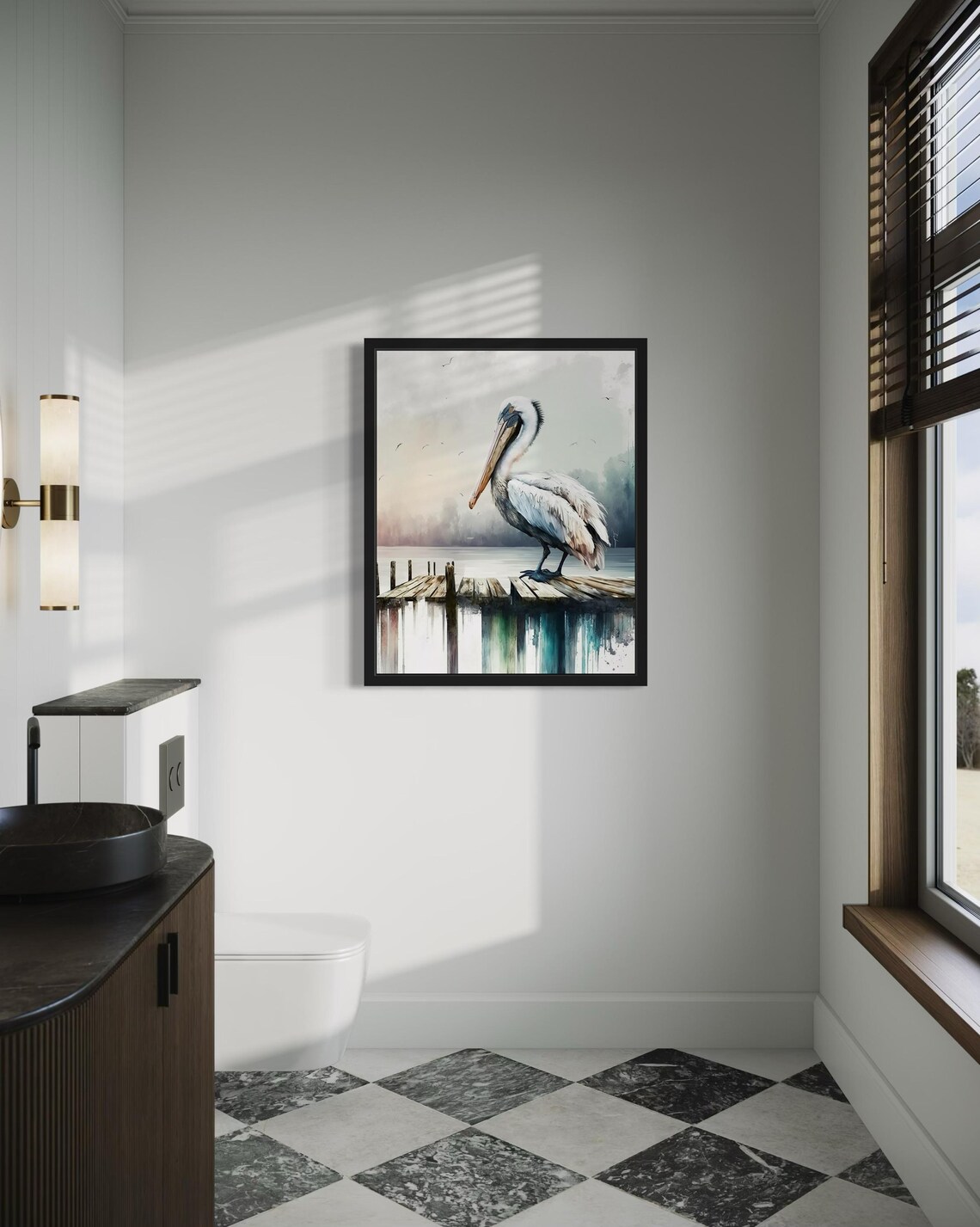 White Pelican Resting on Weathered Wooden Pier Watercolor Poster - Image 3