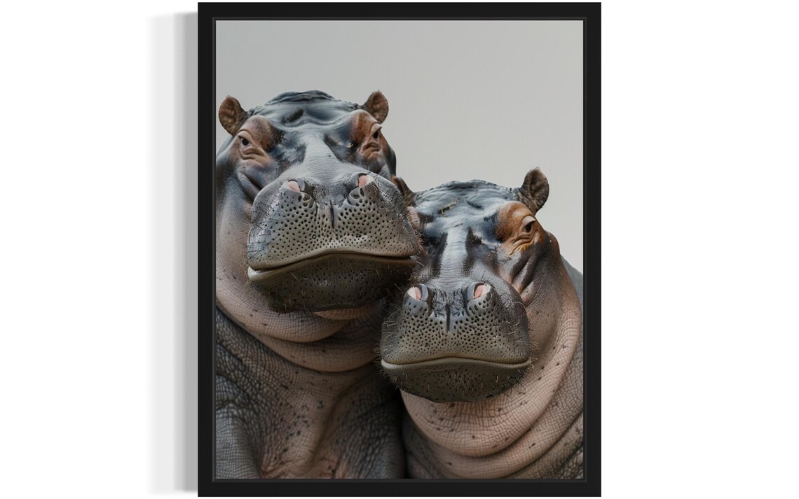 Two Happy Hippos Face Close-Up Minimalist Wildlife Photo Poster