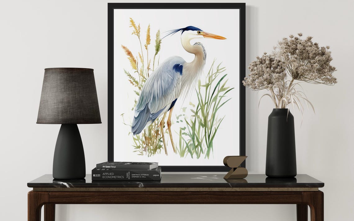 Great Blue Heron among Reeds Botanical Watercolor Bird Poster - Image 2