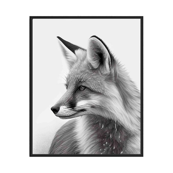 Fox Black and White Side Profile Woodland Animal Portrait Poster