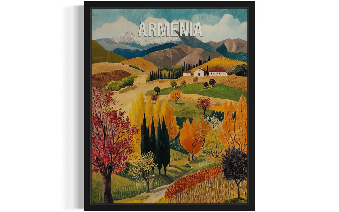 Armenia Autumn Valley with Cypress Trees and Snowy Peaks Travel Poster