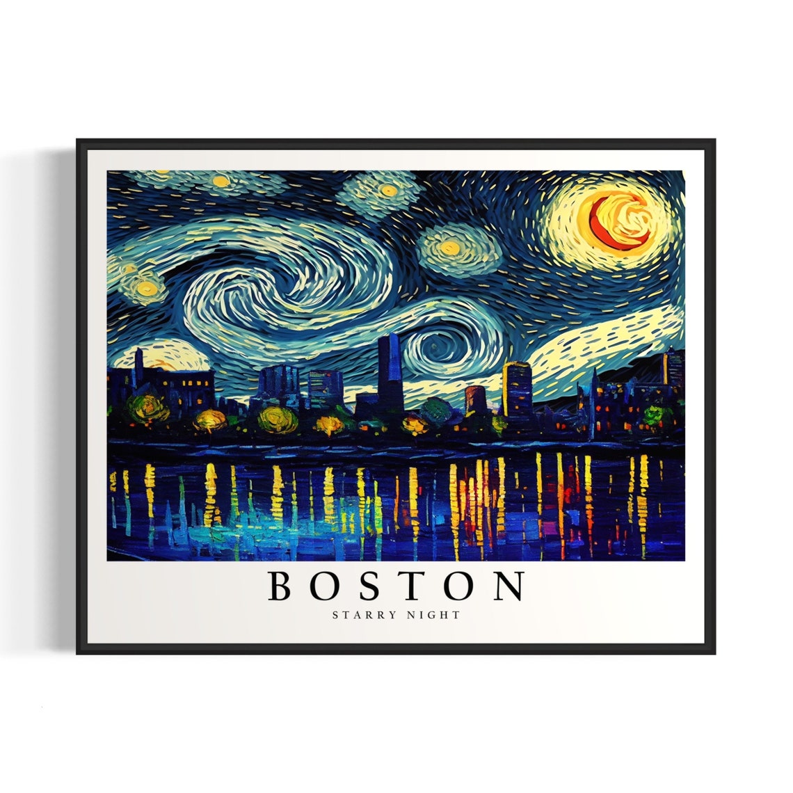 Boston Starry Night Waterfront Lights Reflection Skyline Poster