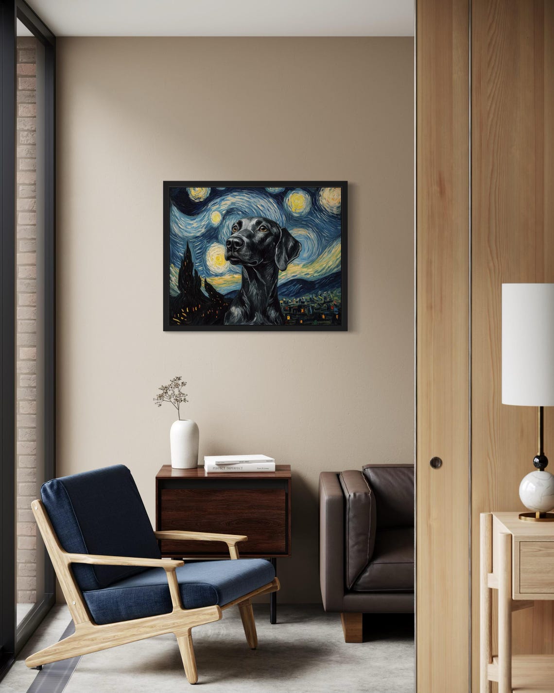 Black Dog Portrait Against a Van Gogh Starry Night Sky Poster - Image 3