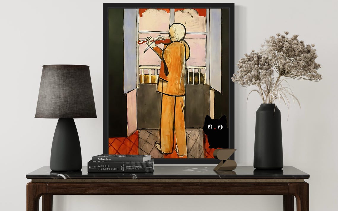 Matisse Inspired Violinist By Window With Playful Black Cat Poster - Image 2