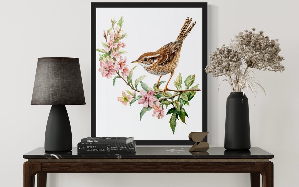 Pacific Wren on a Pink Blossom Branch Watercolor Bird Poster - Image 3