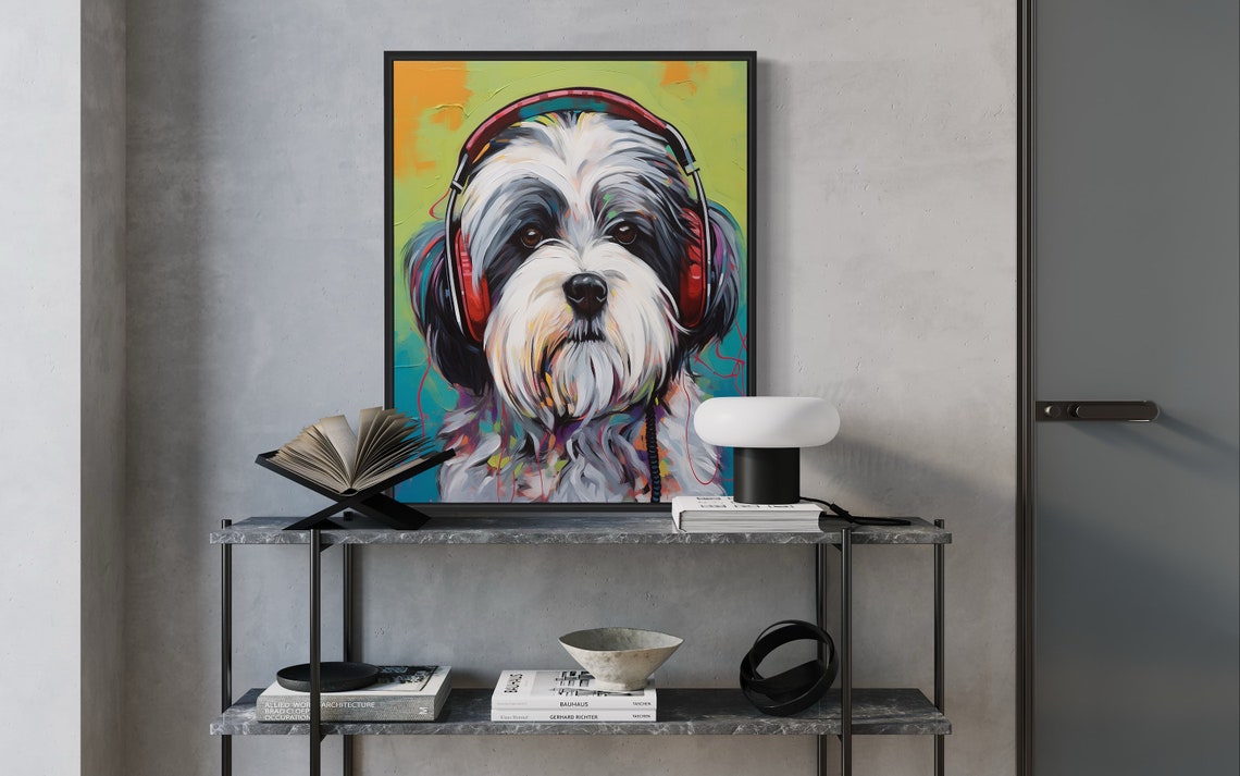 Lhasa Apso Dog Wearing Red Headphones Colorful Music Art Poster - Image 2