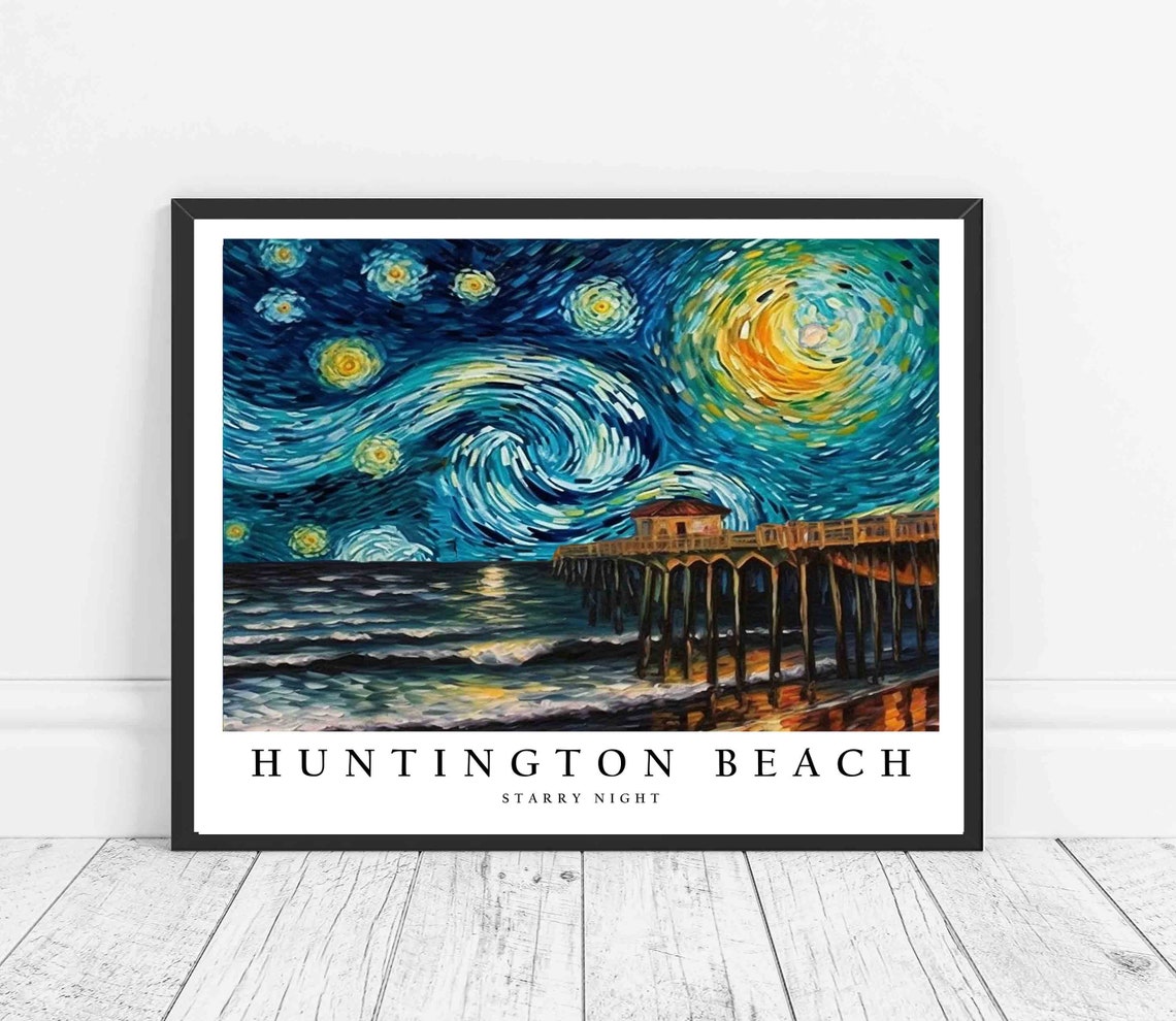 Huntington Beach Starry Night Ocean Pier Night Sky View Poster