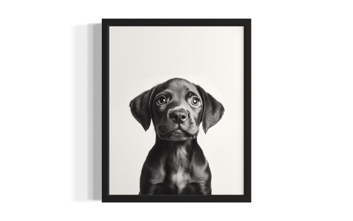 Black Labrador Puppy Portrait Monochrome Sweet Eyes Art Poster