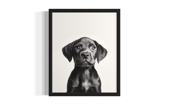 Black Labrador Puppy Portrait Monochrome Sweet Eyes Art Poster