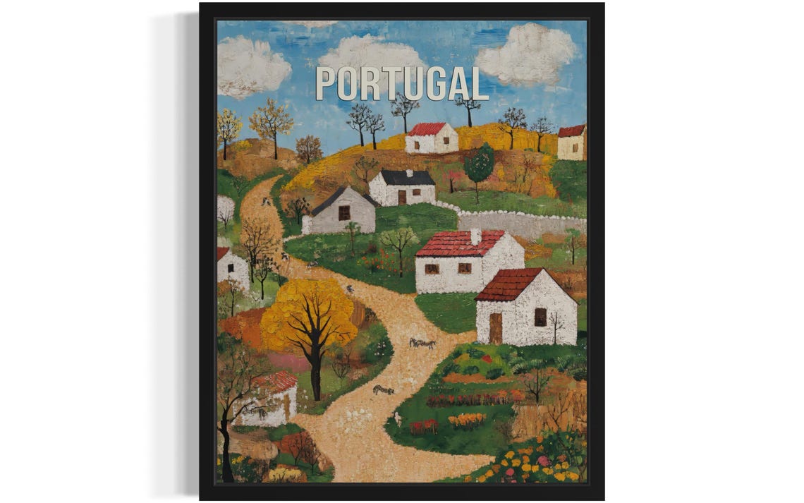 Portugal Whitewashed Hill Village with Red-Tile Roofs Travel Poster