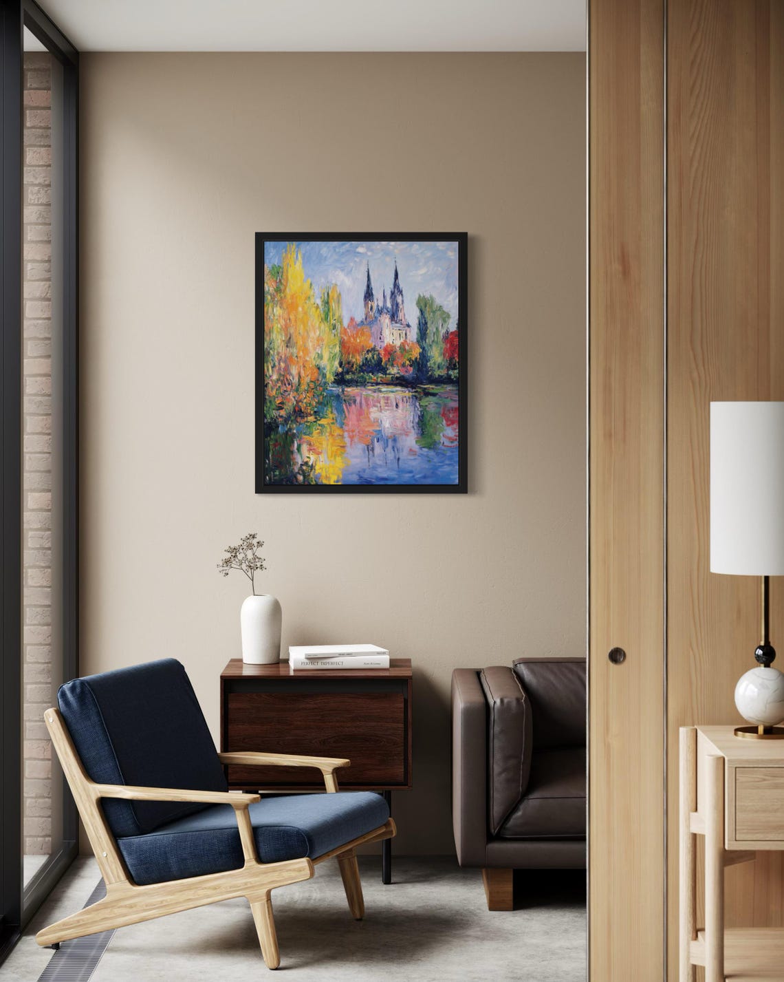 Poland Twin Spire Cathedral Riverside Autumn Monet Style Poster - Image 2