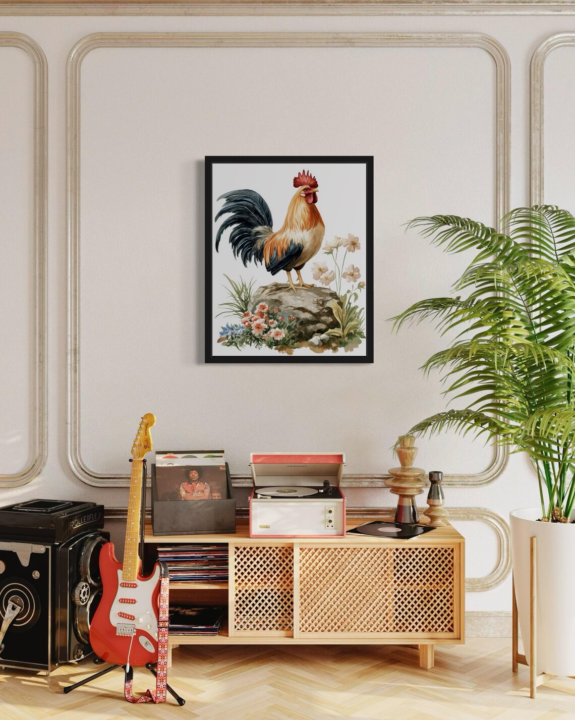 Rooster Standing on a Rock with Wildflowers Watercolor Poster - Image 4