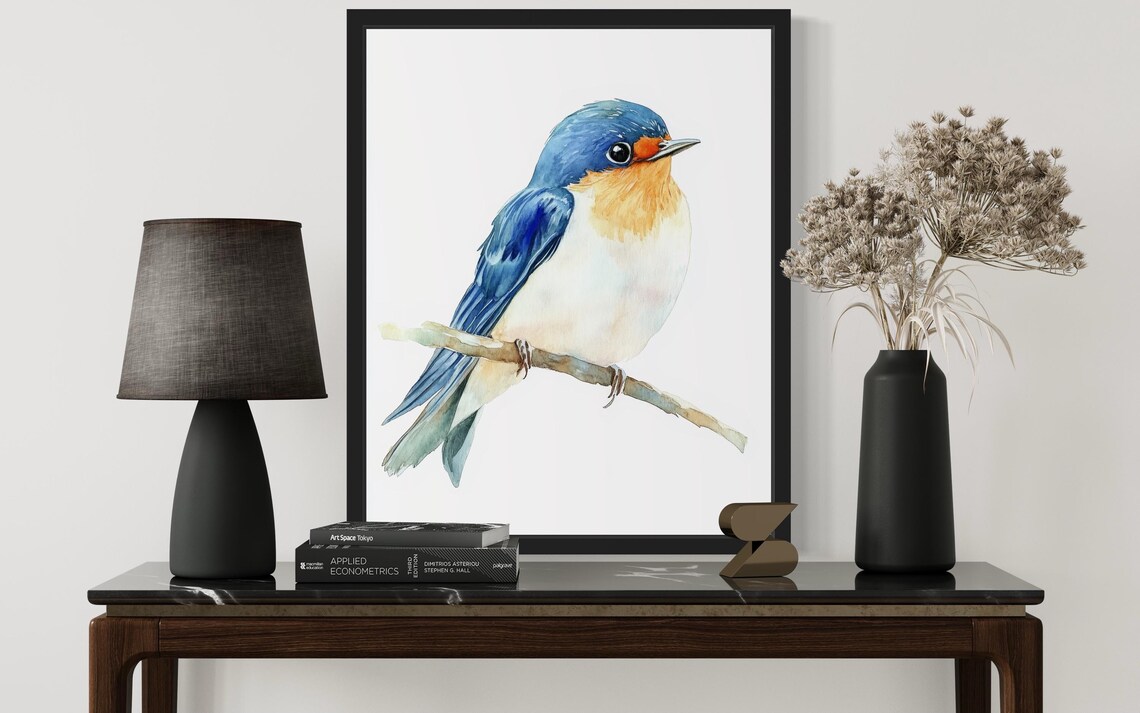Barn Swallow Watercolor Songbird Perched on a Thin Branch Art Print - Image 2